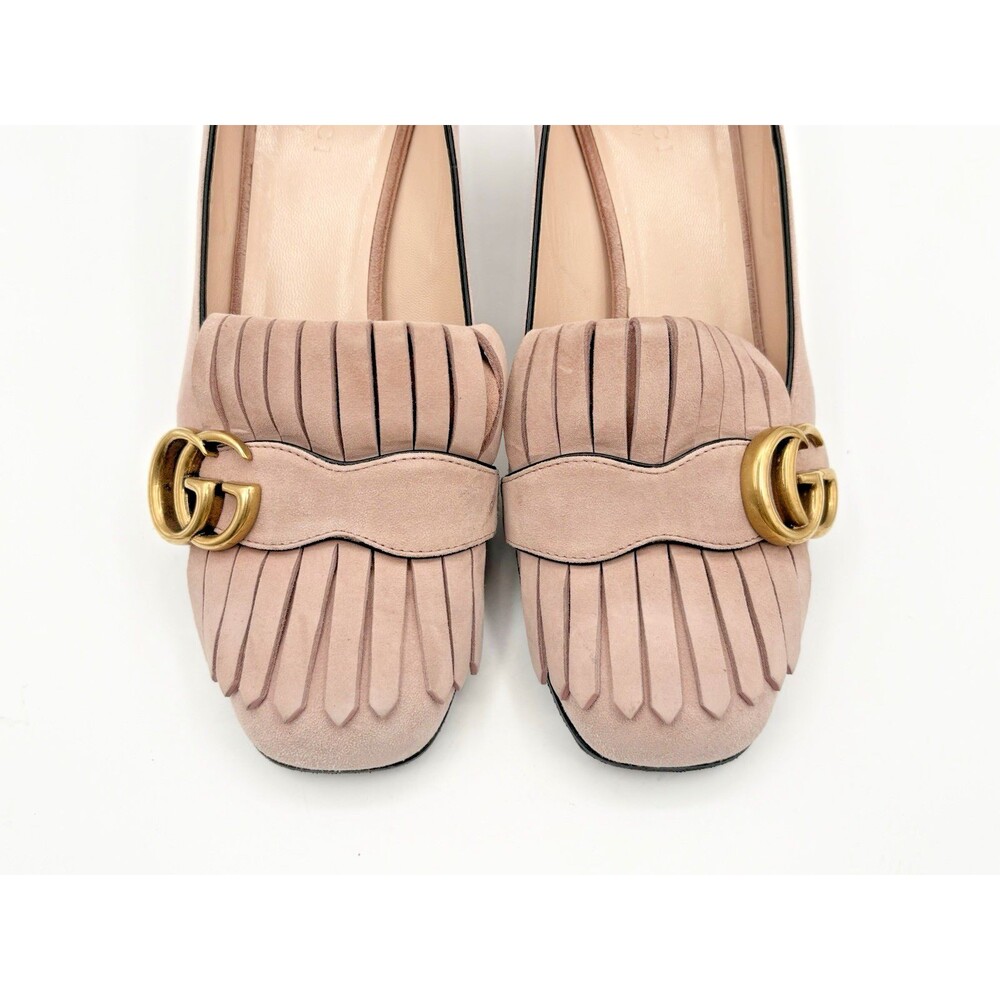 Gucci Pink Suede Fringe Marmont GG Logo Block Heel Low Heel Pumps Size EU 37 - Picture 6 of 14